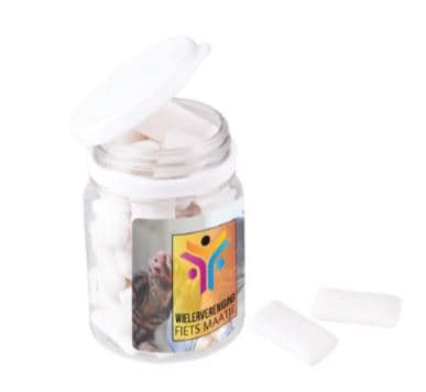 Tyggegummier i plastbøtter med logo 28 stk